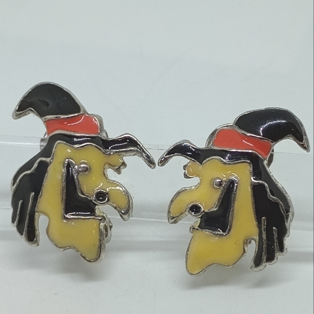 * vintage enamel witch head Halloween clip on earrings